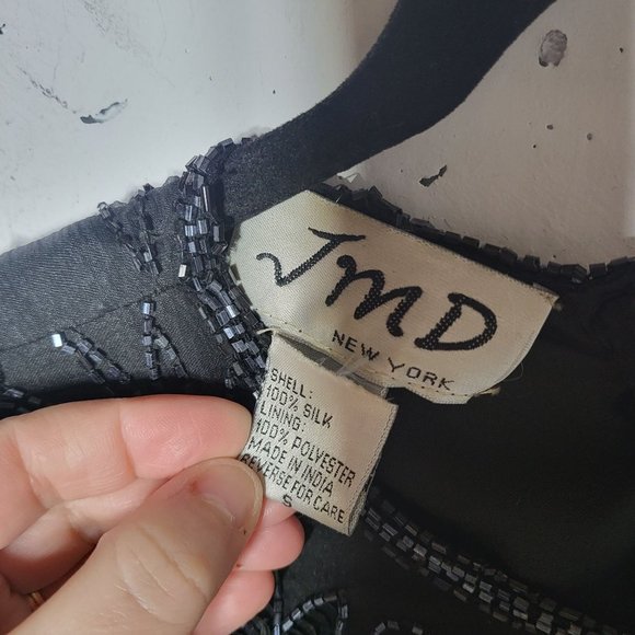 Vintage JMD Womens Black Beaded Short Sleeve Silk Midi Dress Size Small Glam - Picture 5 of 10